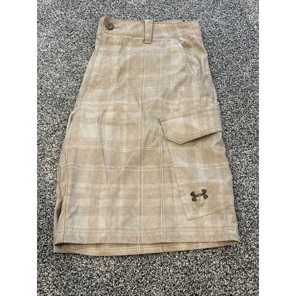 Under Armour HeatGear Mens 38 Tan Plaid Cargo Shorts Loose Fit Performance Tan